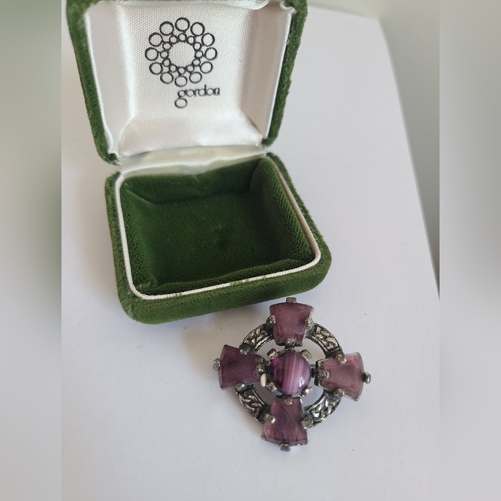 Vintage Signed Miracle Celtic Irish Scottish Cross Style Purple Glass Brooch Pin